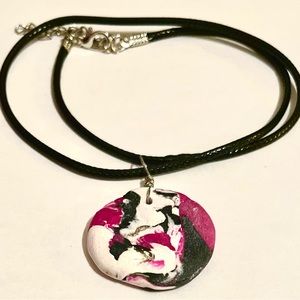 Handmade Clay Pendant Necklace Pink White Black Black Cord